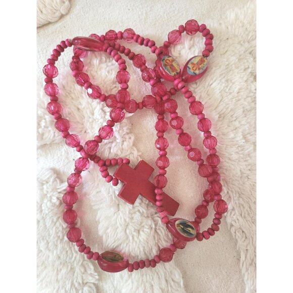 Pink Fuchsia Cross Necklace – Etched Wooden Crucifix with Plastic & Wood Beads - Picture 9 of 10